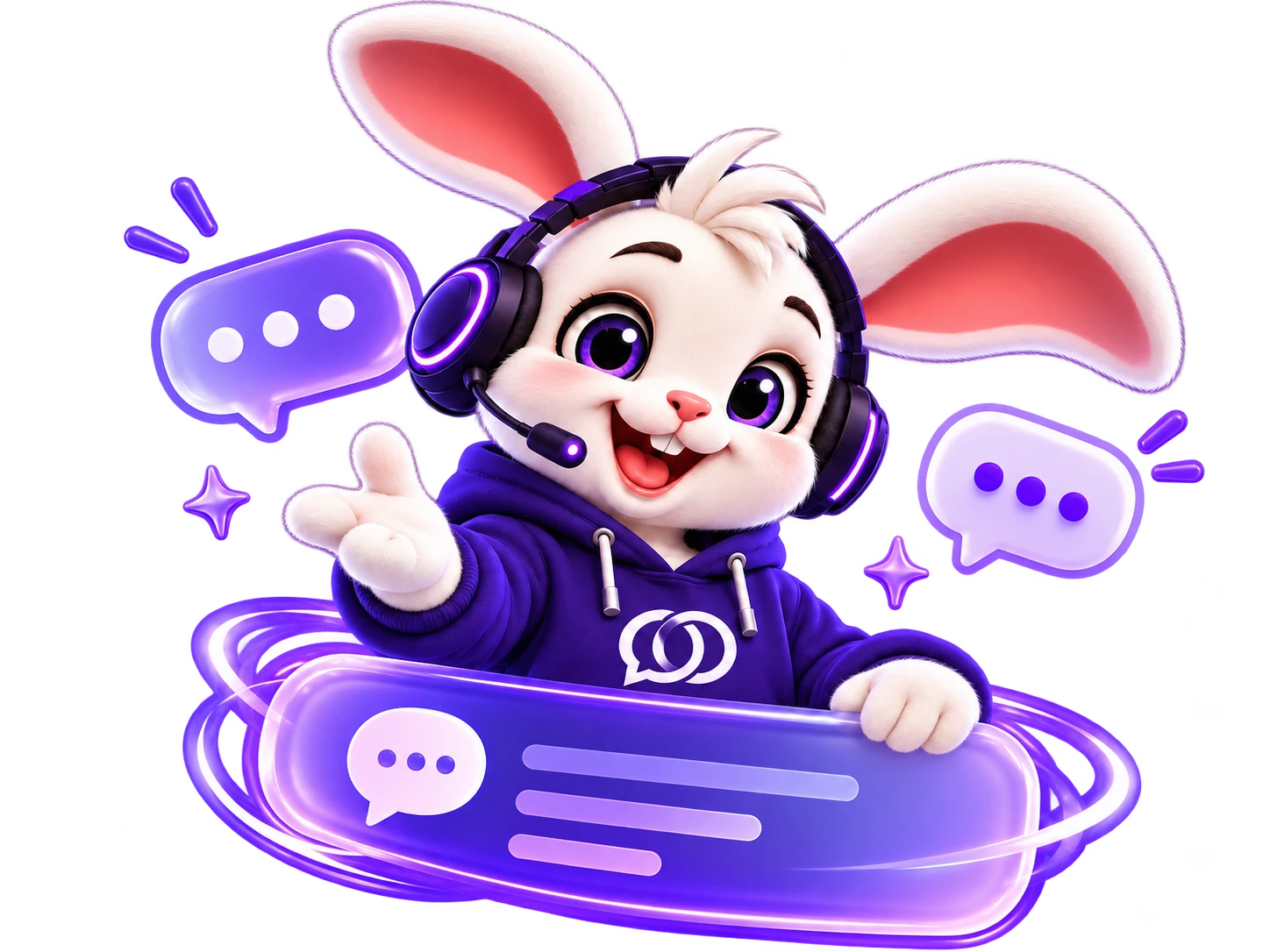 Yona the bunny in a headset and purple hoodie, surrounded by chat bubbles and a message panel