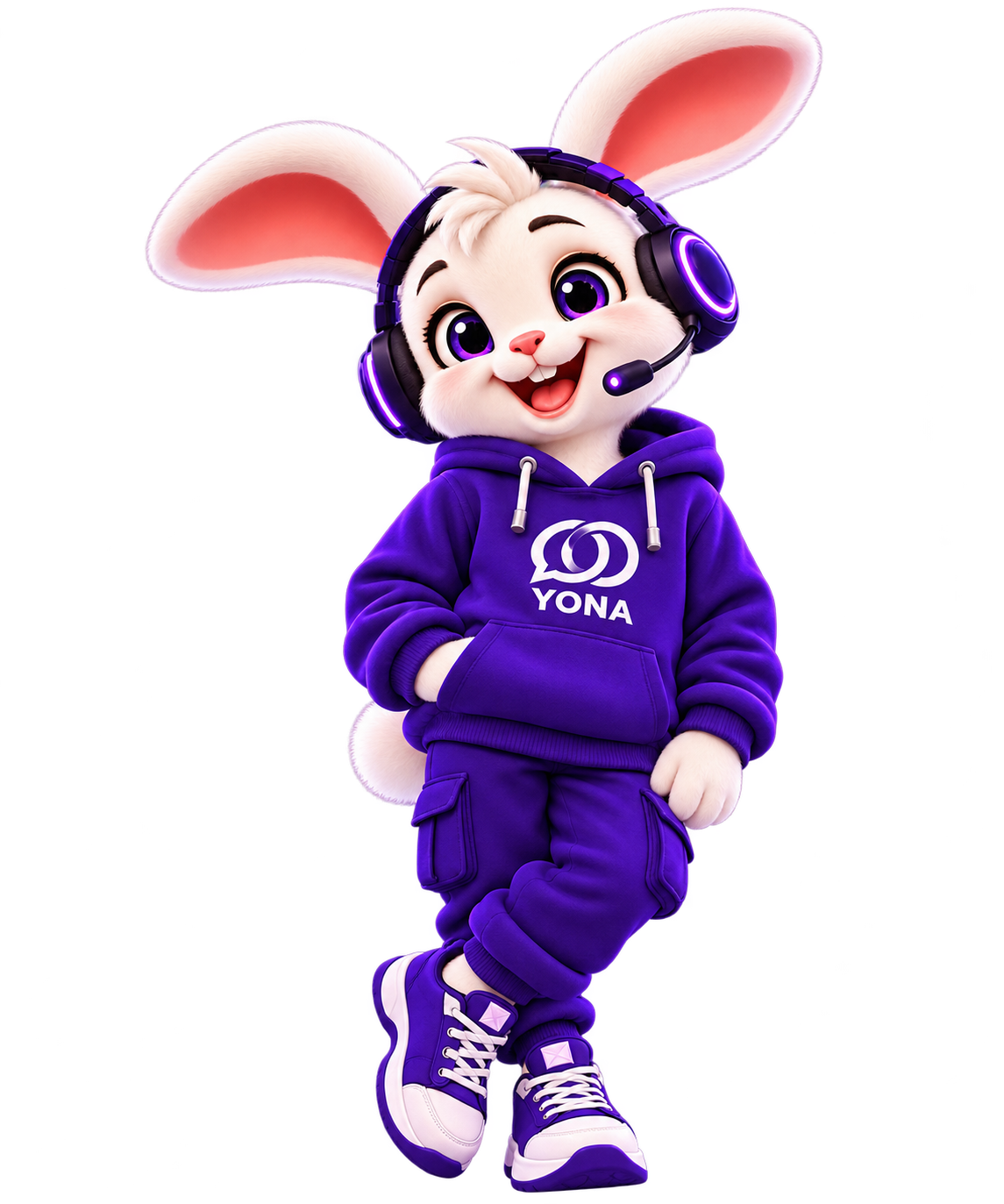 Yona smiling in a purple hoodie and headset